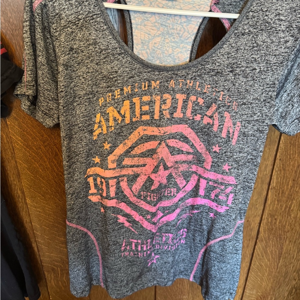 American Fighter Graphic Tee Gray Orange Short Sleeve